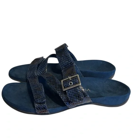 Vionic Skylar Adjustable Slide Orthotic Sandal 12 Blue Snake Embossed Comfort - Picture 2 of 10